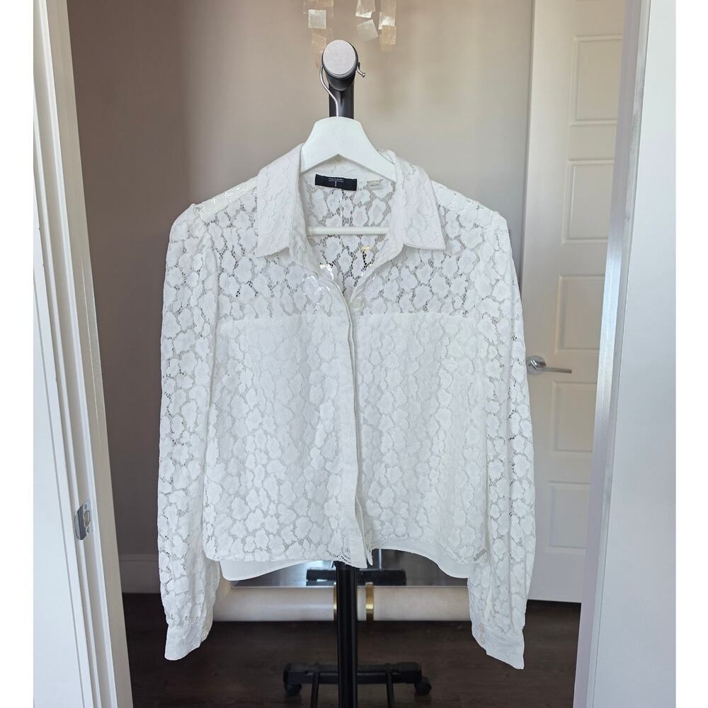 Tahari White Floral Lace Short Sleeve Blouse Size L